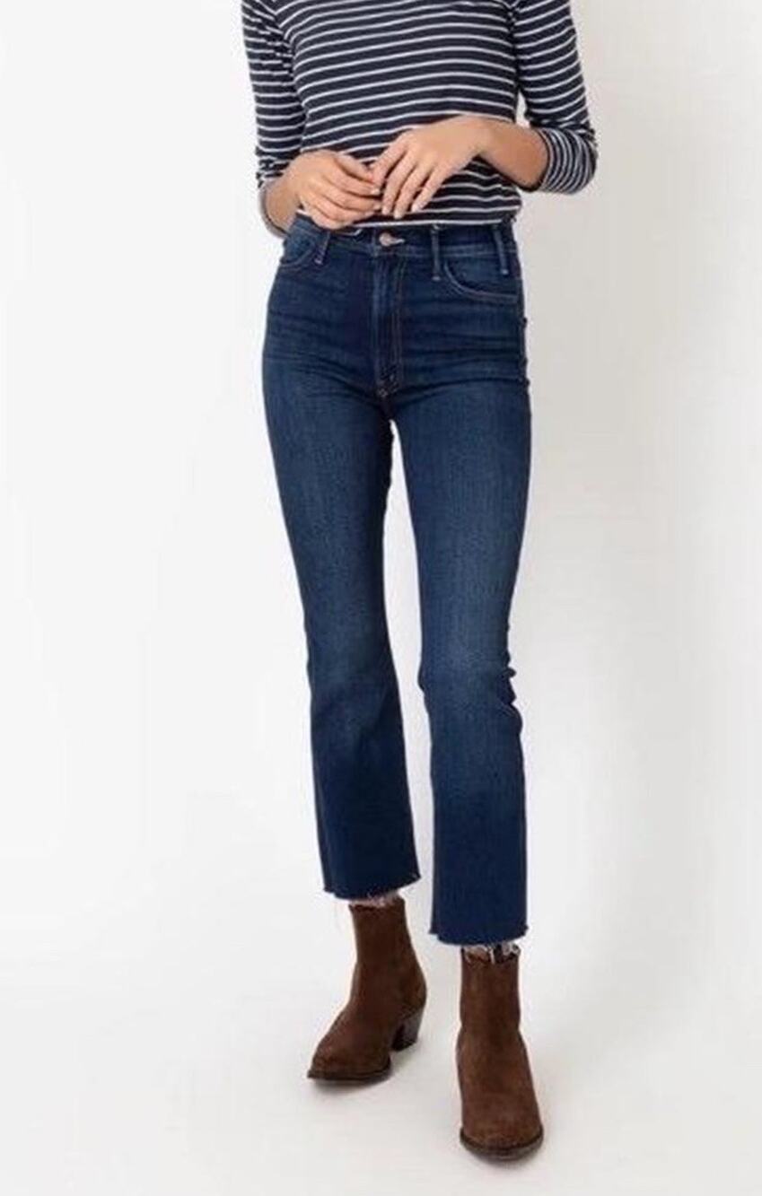 Mother The Hustler Ankle Fray Home Movies Jeans Crop Flare 25 Dark Wash Stretch